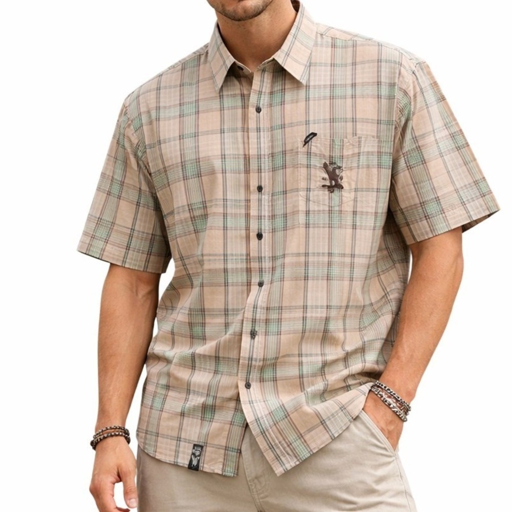 LRG Lifted Research Group Good School Shirt Mens 3XL Tan Green Plaid Streetwear